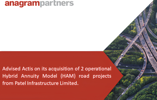 Anagram Partners advised Actis on its acquisition of 2 operational Hybrid Annuity Model (HAM) road projects from Patel Infrastructure Limited