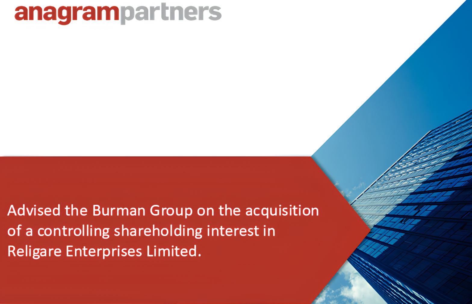 Anagram Partners advised the Burman Group on the acquisition of a controlling shareholding interest in Religare Enterprises Limited.