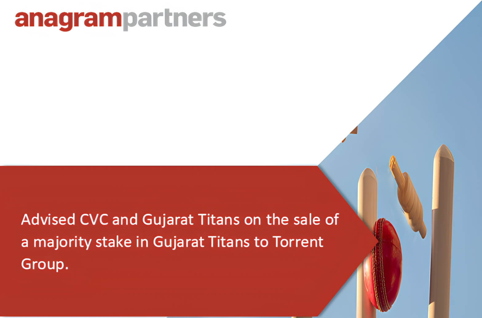 Anagram Partners advised CVC and Gujarat Titans on the sale of a majority stake in Gujarat Titans to Torrent Group.