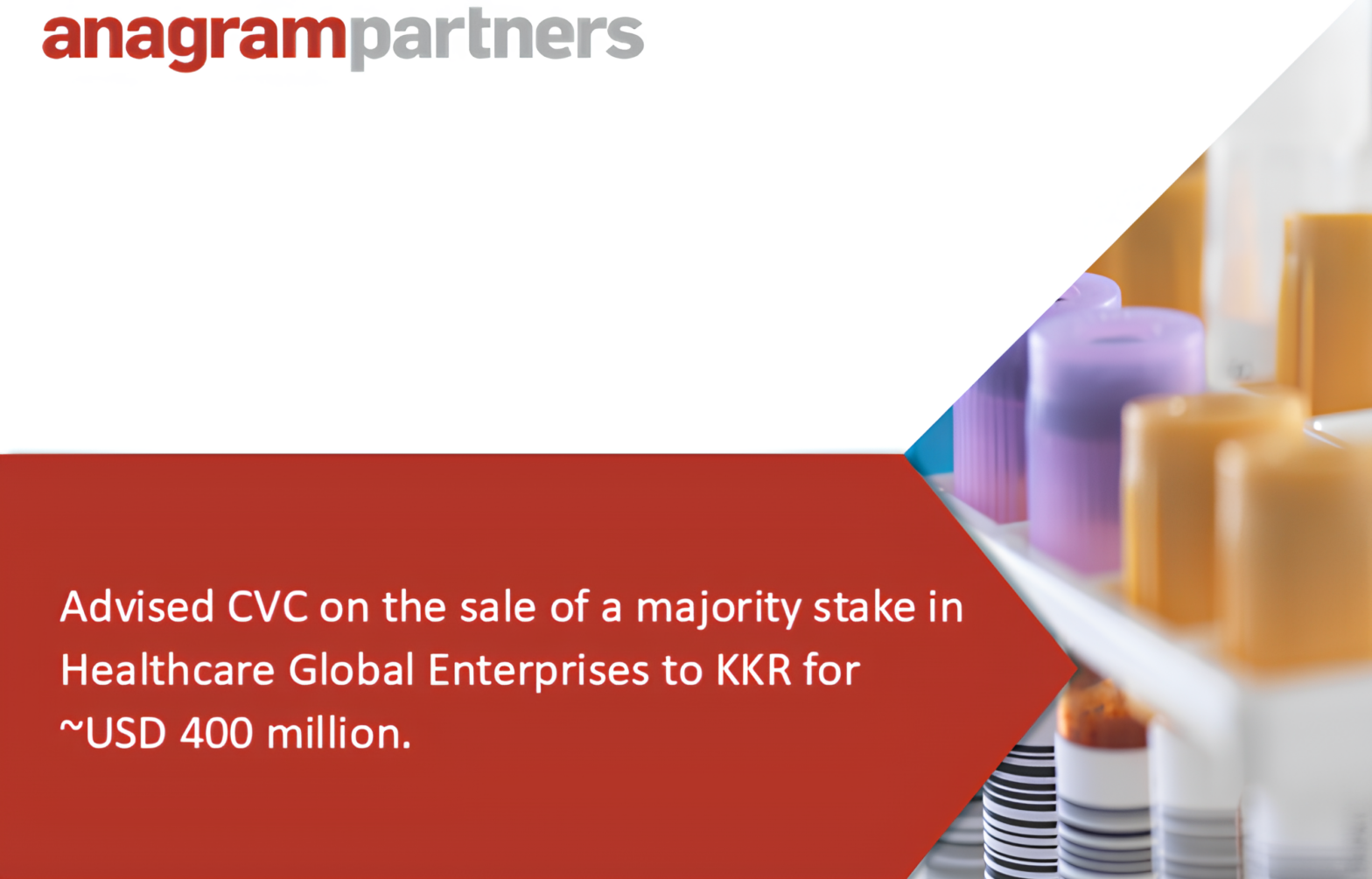 Anagram Partners advised CVC on the sale of a majority stake in Healthcare Global Enterprises to KKR for ~USD 400 million.