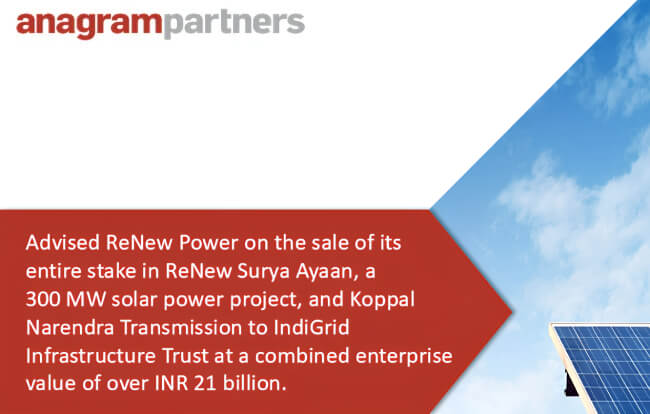 Advised ReNew on the sale of its stake in ReNew Surya Ayaan, a 300 MW solar power project, and Koppal Narendra Transmission to IndiGrid Infrastructure Trust at a combined enterprise value of over INR 21 billion